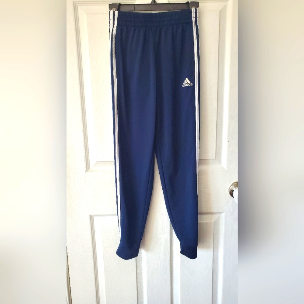 Adidas Youth Track Pants M 10/12 Blue White Stripes Cuffed Jogger Sweat Pant